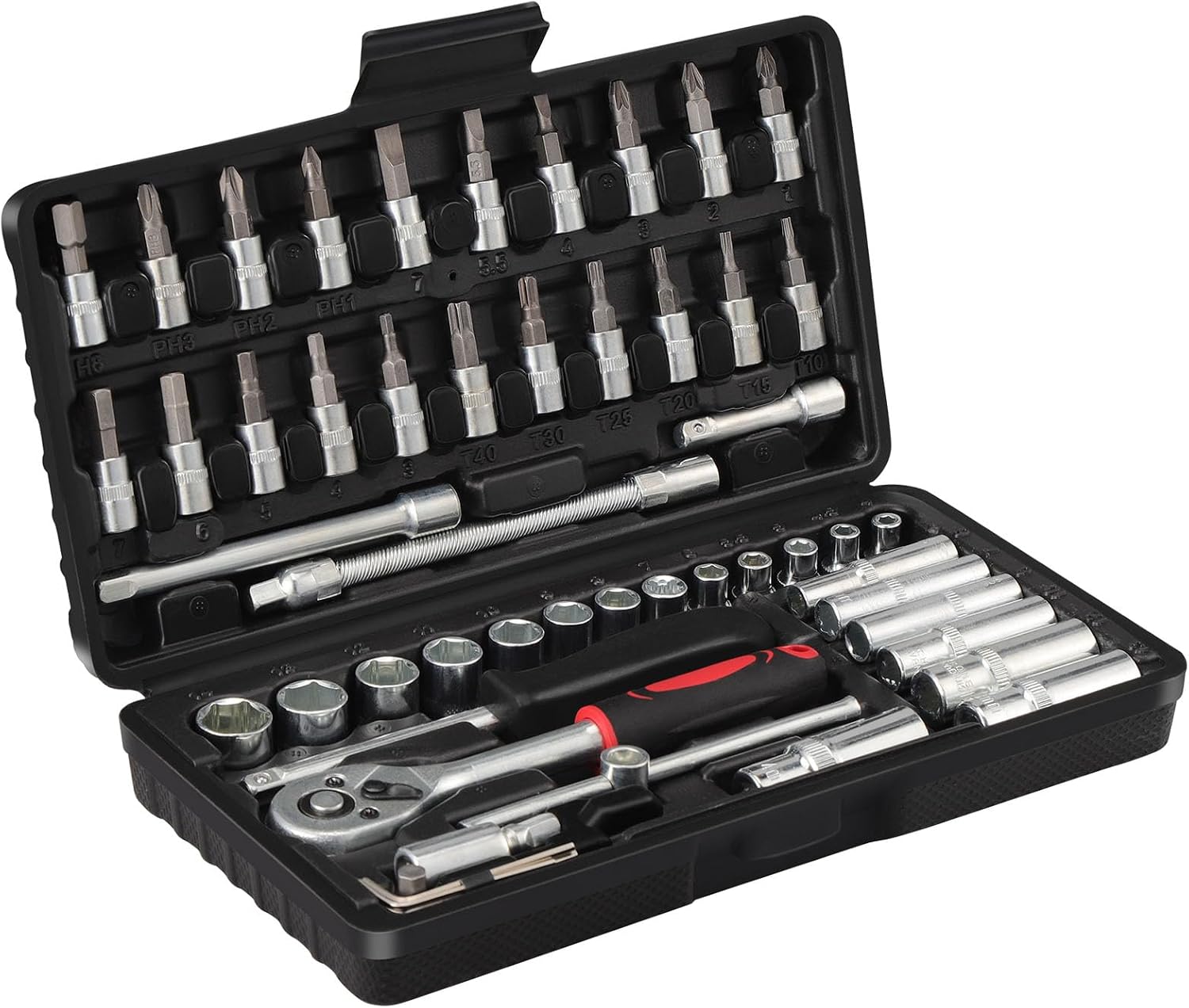 Dieses 53-teilige 1/4-zoll-ratschen-steckschlüssel-set, Komplett Mit Metrischen Verlängerungen Und Bits, Eignet Sich Für Heimwerkerarbeiten, Autoreparaturen Und Den Hausgebrauch.