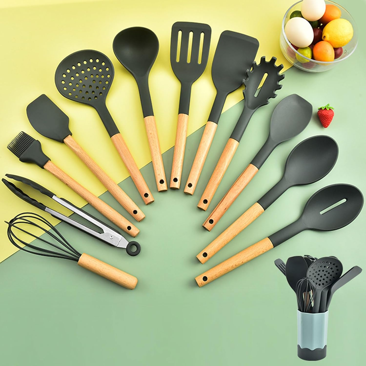 12-teiliges Küchenhelfer-set – Set Aus Silikon-küchenhelfern Mit Holzgriff – Ständer Und Aufhängeöse – Hitzebeständig