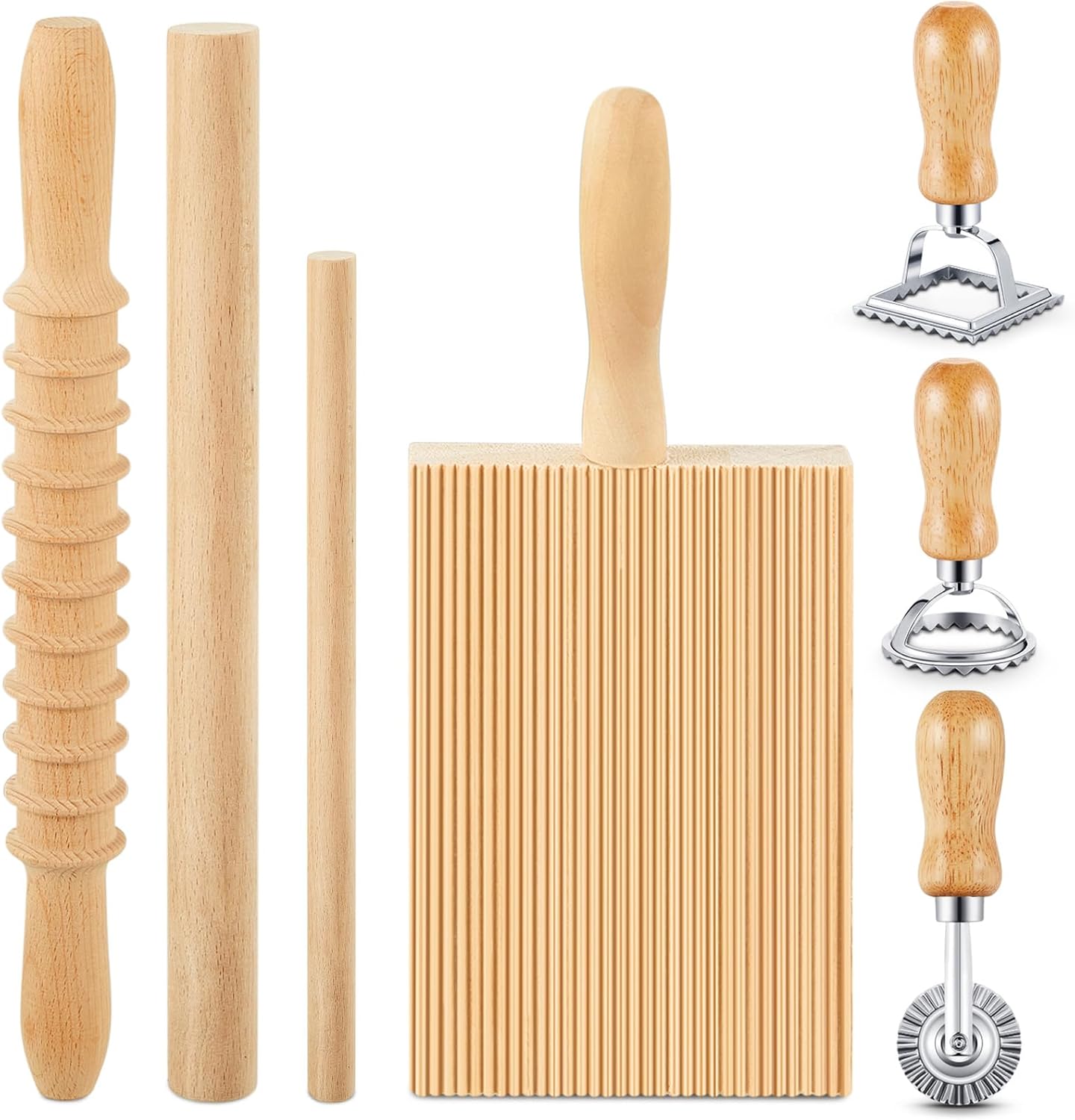 7-teiliges Pasta- Und Gnocchi-set Aus Holz – Inkl. Gnocchi-brett, Nudelholz Und Ravioli-ausstechern – Ideal Für Anfänger