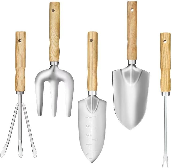 5-teiliges Gartenwerkzeug-set – Handwerkzeuge Aus Edelstahl Mit Holzgriffen – Perfekt Zum Graben, Pflanzen Und Umpflanzen