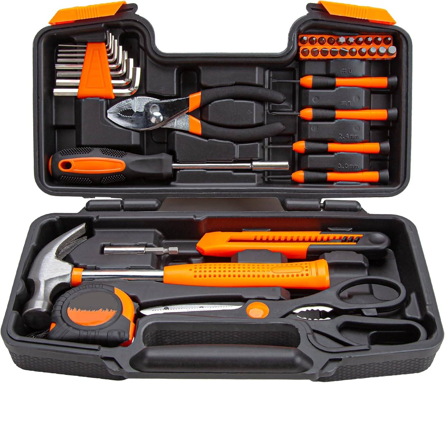 39-teiliges Universelles Haushaltswerkzeugset Mit Orangefarbener Aufbewahrungsbox Aus Kunststoff.