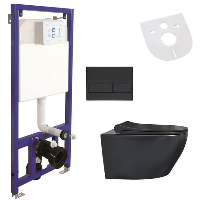 Belvit WC Schwarz Matt Spülrandlos Wand WC - Komplettset mit Vorwandelement, Betätigungsplatte Softclose Deckel Schallschutz
