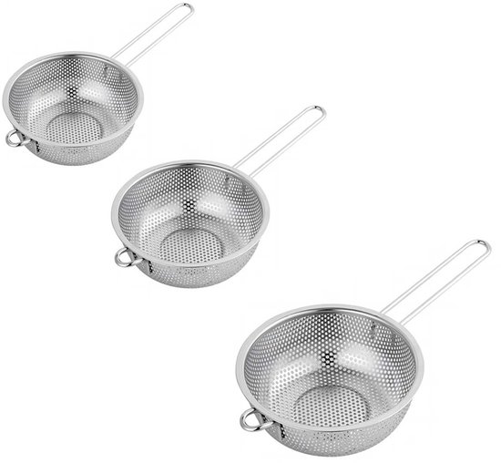 3-teiliges Küchensieb Aus Edelstahl, Schalenförmiges Sieb Mit Langem Griff Zum Abtropfen, Abspülen, Für Nudeln Und Zum Waschen Von Obst – Silber