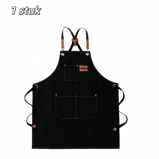 Schwarze, Robuste Kochschürze Aus Canvas Mit Gekreuzten Schultergurten Und Taschen