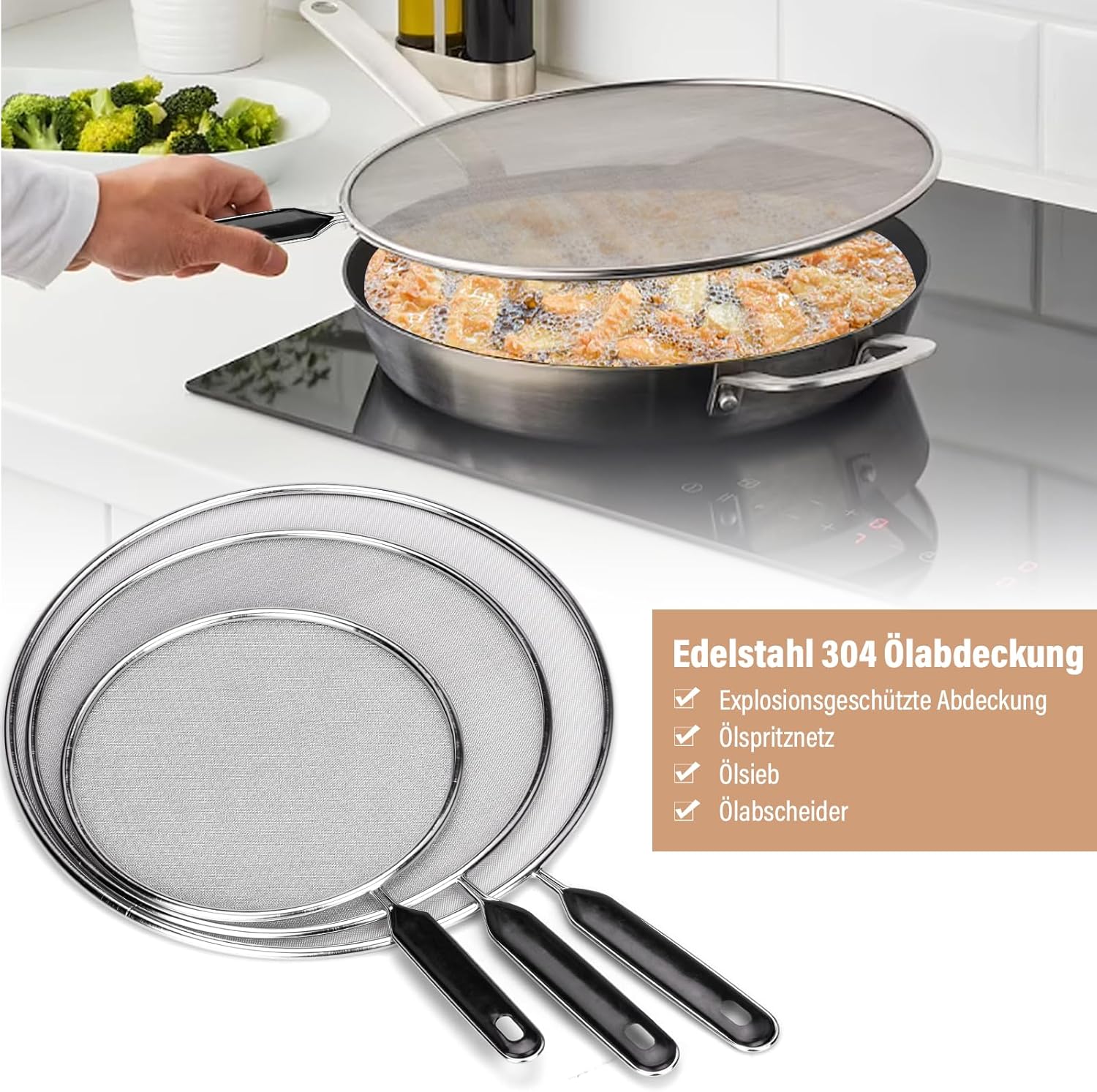 3-teiliges Spritzschutz-set Aus Edelstahl Mit Griffen, Mit Erhabenem Design, Größen 19 Cm, 25 Cm, 29 Cm, Für Verschiedene Bratpfannen