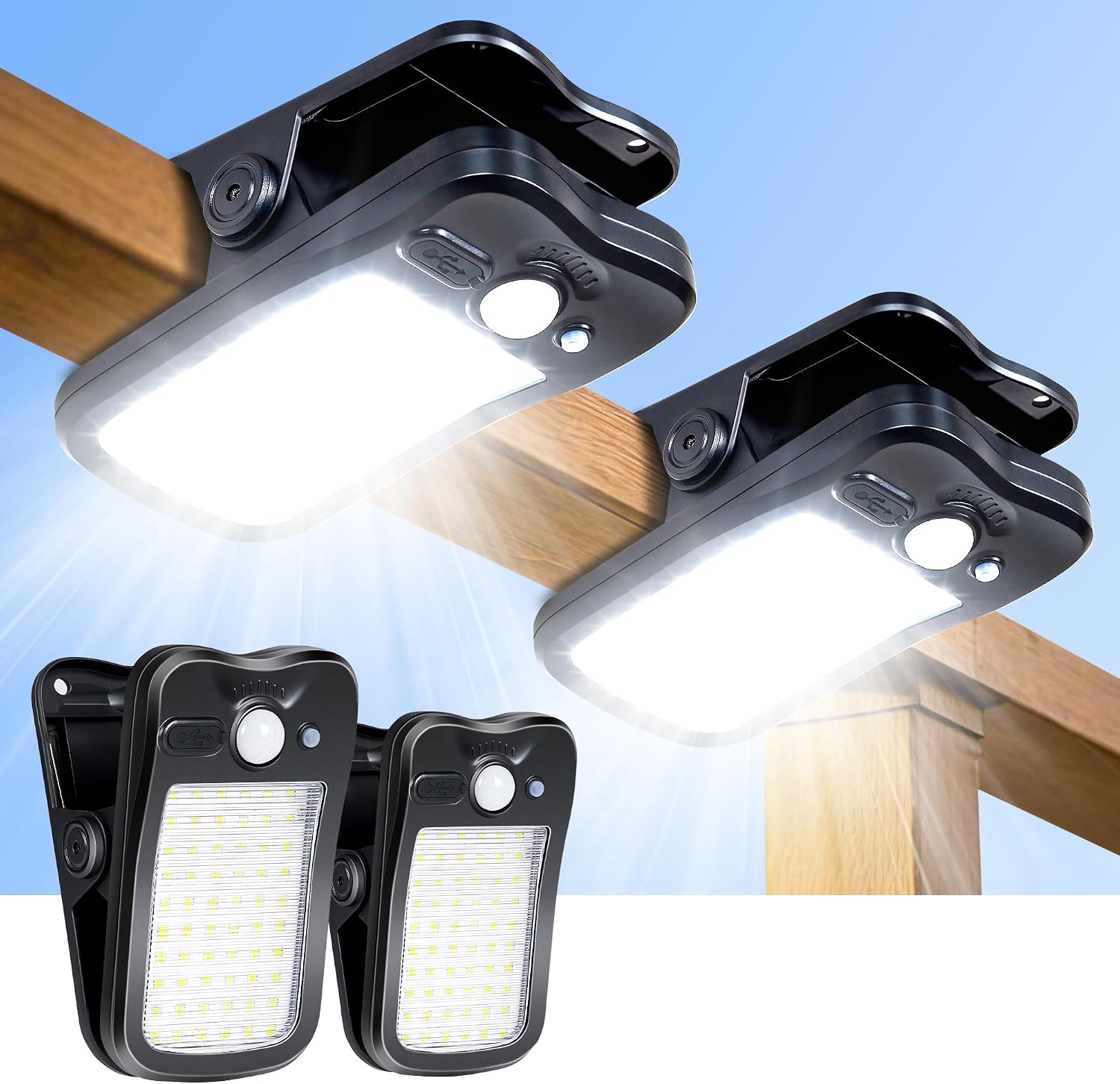 2 Stück – Solar-zaunbeleuchtung Zum Anklemmen – 60 Leds, 500 Lm – 3 Betriebsmodi – Bewegungsmelder – Wasserfest – Usb-aufladbar – Schwarz – 2 Stück