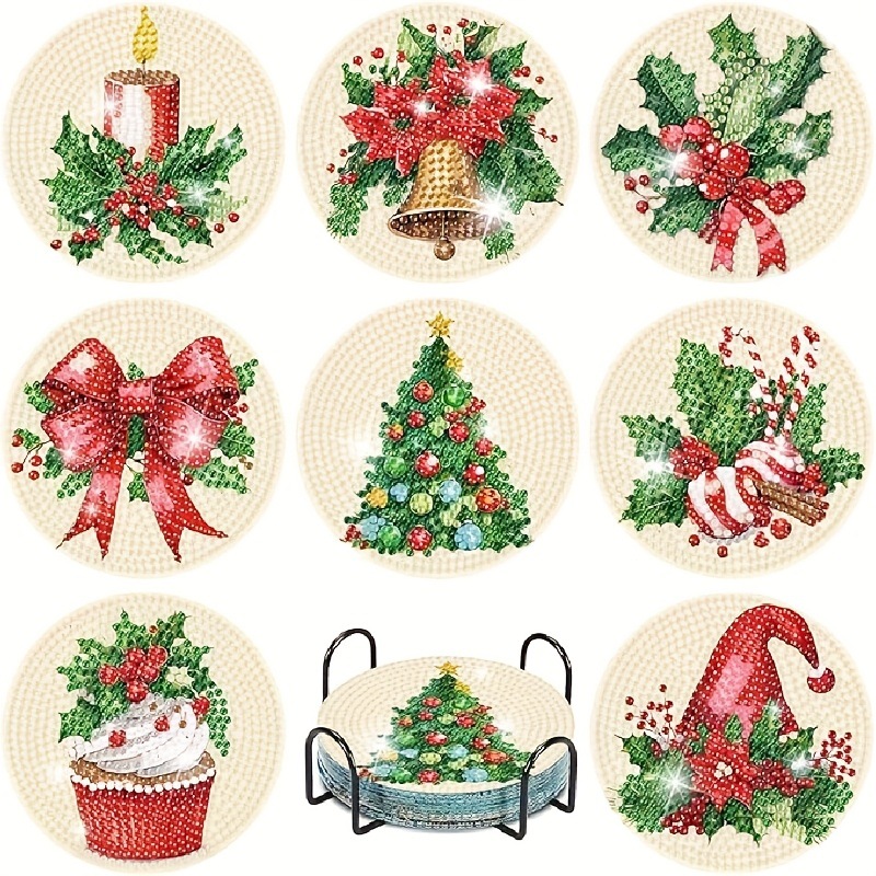8 Untersetzer Für 5d-diamantmalerei, Kreative Diy-diamantmalerei-untersetzer, Weihnachtsdekoration, Acryl + Eisenrahmen