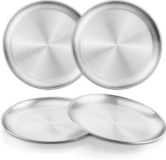 4-teiliges Set Runder, Dickwandiger Edelstahlteller (20 Cm Durchmesser) Für Ess- Und Campingzwecke