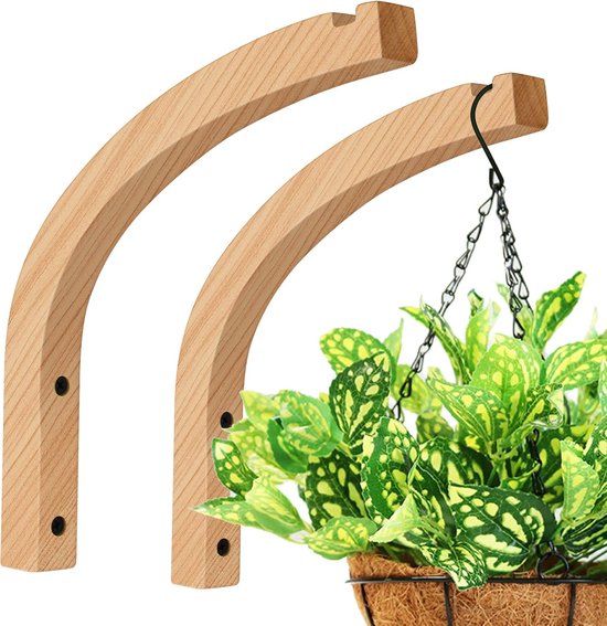 Wandmontiertes Pflanzenregal – Hängekorbhalterung – Hängedekoration – Handgefertigtes Buchenholz – 2er-pack, 20 Cm (8 Zoll) – Holzfarbe