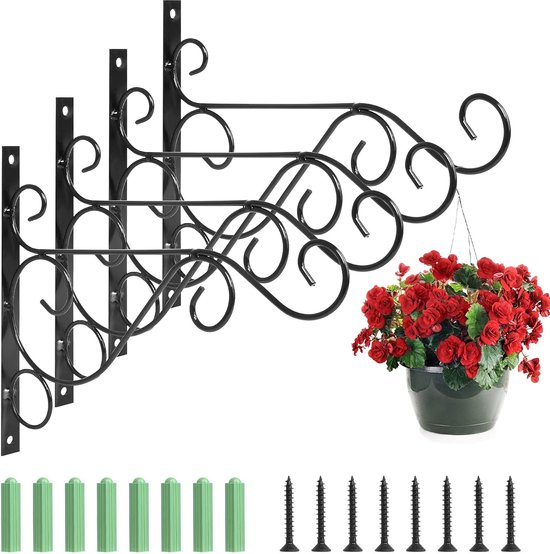 4-teilige Wandhalterung Aus Schmiedeeisen Mit Haken Und Schrauben Für Hängekörbe. Geeignet Für Gartenkörbe, Laternen, Pflanzen Und Windspiele (schwarz).