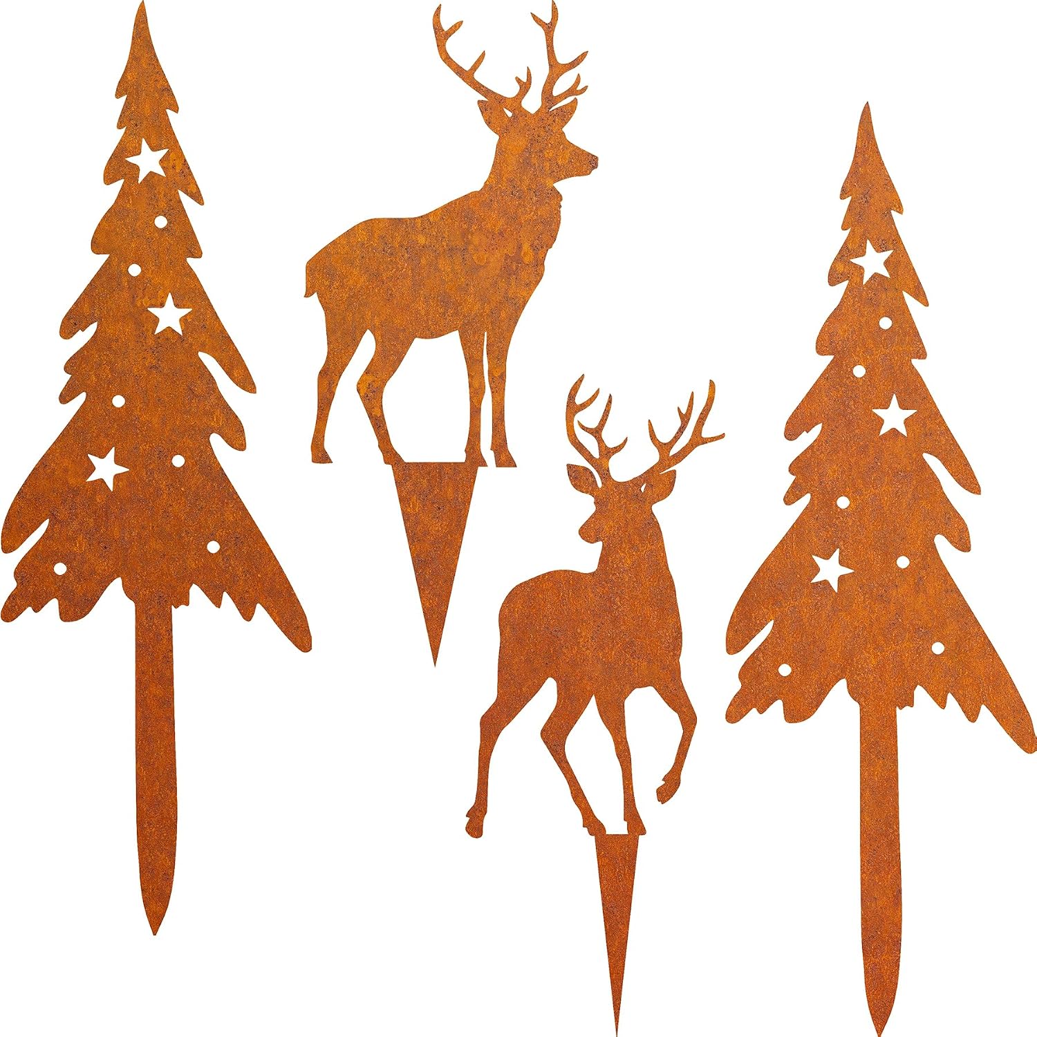 Rostige Gartenstecker, Weihnachtsbaum, Rentier, Weihnachtsdekoration, 4 Stück, Rostige Gartenstecker, Weihnachtsbäume, Rentiere, Weihnachtsdekoration