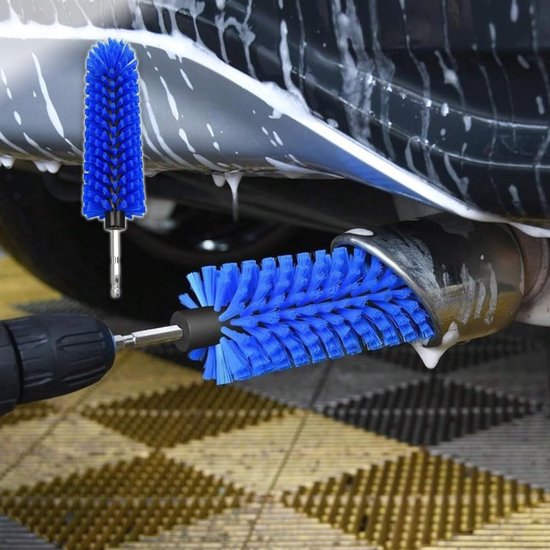 Bürstenaufsatz Für Die Bohrmaschine Zur Reinigung Von Autorädern, Hochdichte, Langlebige Borsten, Sechseckiger Metallschaft, Reinigt Radnaben Und Abgase, Blau