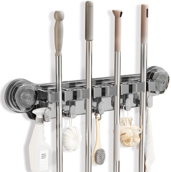 Wandhalterung Für Besen Und Mopps Mit Saugnäpfen (durchstichfrei), 3 Clips Und 4 Haken Für Zuhause, Garage, Küche, Waschküche Und Badezimmer – Grau