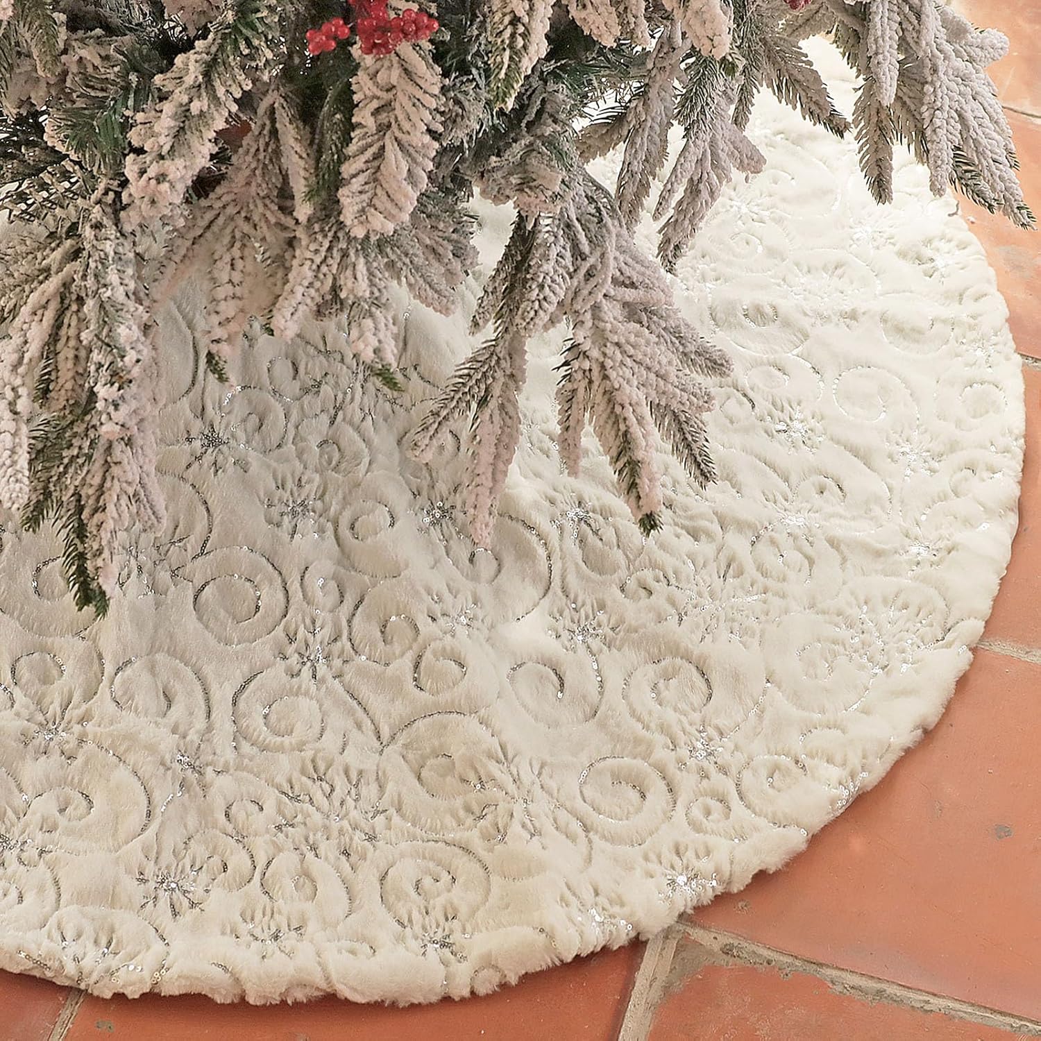52-zoll-weihnachtsbaumdecke – Weiße Baumdecke Mit Silbernen Pailletten-schneeflocken – Große, Flauschige Baumdecke Aus Kunstfell – Weihnachten – 52 Zoll