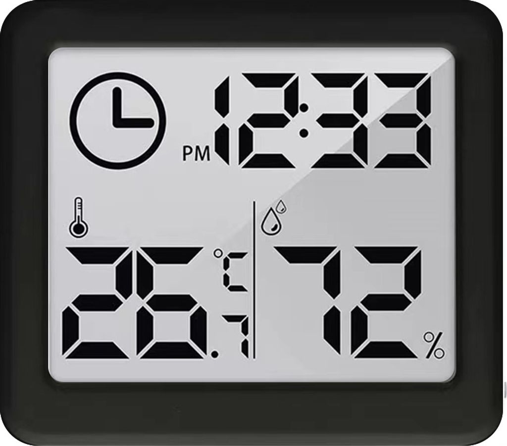 Digitales Thermometer Und Hygrometer Mit Uhrfunktion Zur Anzeige Von Umgebungstemperatur Und Luftfeuchtigkeit (schwarz).