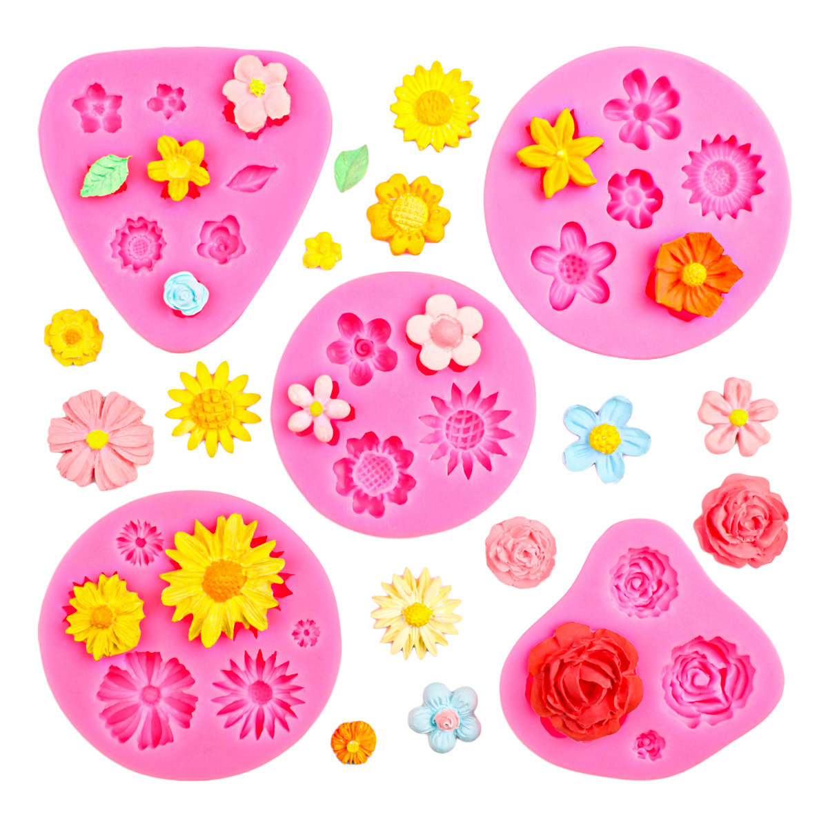 Muffinformen – Formen – Silikon-blumenkuchenform – Schokolade – Zuckerwatte – Fondant – Fimo-werkzeuge – 4 Größen – Rosa – 5-teilig
