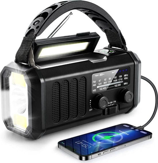 Notfallradio Mit Kurbelantrieb, Solarfunktion, Wiederaufladbarer 10000-mah-akku, Empfänger Mit Taschenlampe, Leselampe, Kompass Und Sos-funktion, Schwarz