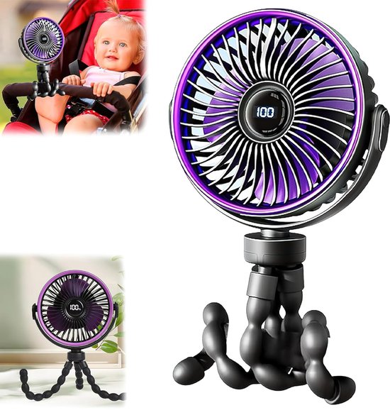 Luxus-kinderwagenventilator – 2000 Mah – 5 Einstellungen – Mit Led-anzeige – Mini-ventilator In Oktopusform – 720° Drehbar – Extrem Leise – Usb-c – Schwarz