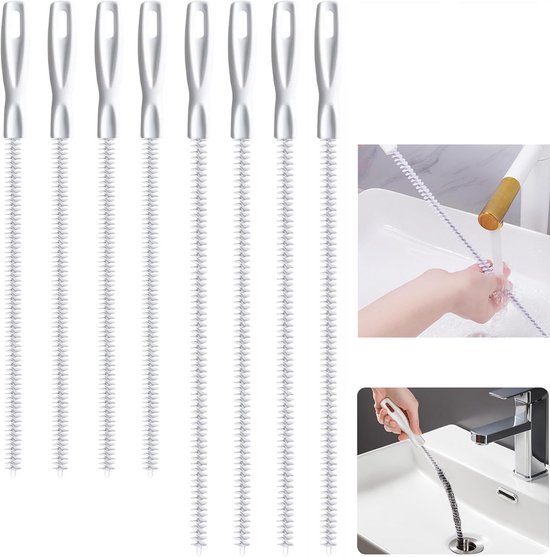 8-teiliges Set Flexibler Abflussbürsten – 45 Cm Und 60 Cm – Abflussreinigungsbürsten Für Waschbecken Und Badezimmer – Edelstahl Und Nylon – Weiß