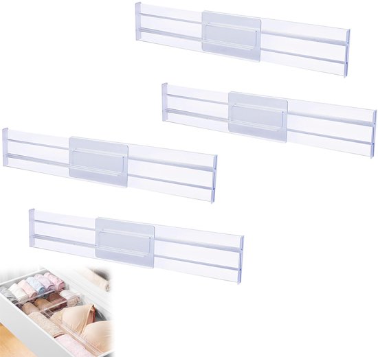 4-teiliges Set Verstellbarer Schubladeneinteiler – 27,5 X 8 Cm (ausziehbar Bis 52 Cm) – Transparenter Kunststoff