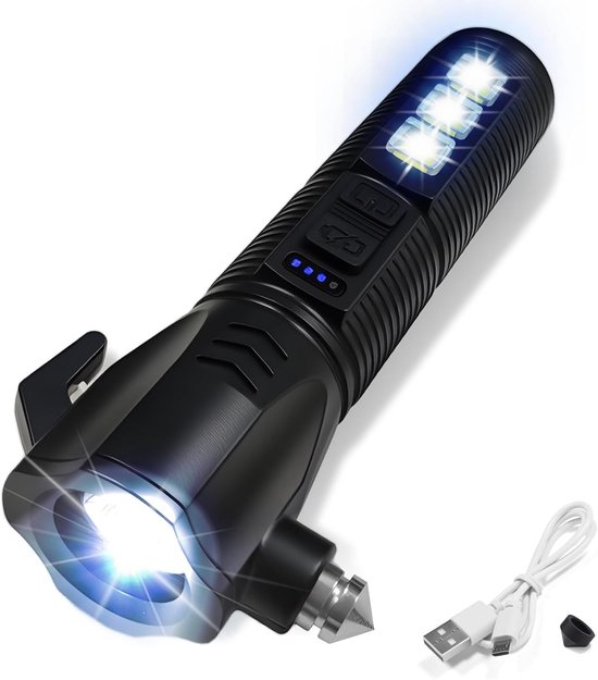 Schwarze Auto-notfall-taschenlampe, Zweifarbige Beleuchtung, 2000 Lumen, 4-stufige Anzeige, Glasbrecher Und Gurtschneider, Usb-aufladbar (108 G)