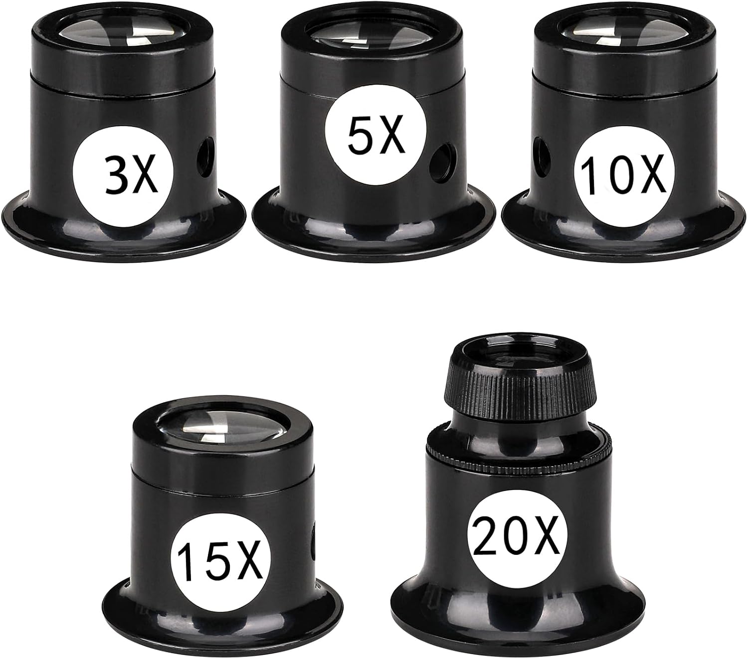5-teiliges Tragbares Juwelierlupen-set – Manuelle Vergrößerung – 3x / 5x / 10x / 15x / 20x – Optische Linse – Schmuck – Münzen – Textilien – 5-teilig
