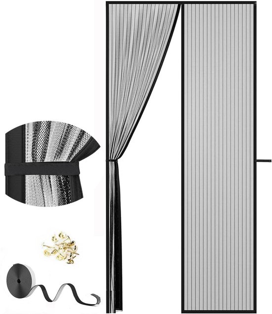 Magnetisches Fliegengitter Für Türen – 90 X 210 Cm, Strapazierfähiger Fliegenschutzvorhang Mit Umlaufendem Klettverschluss Und Starken Magneten – Schwarz