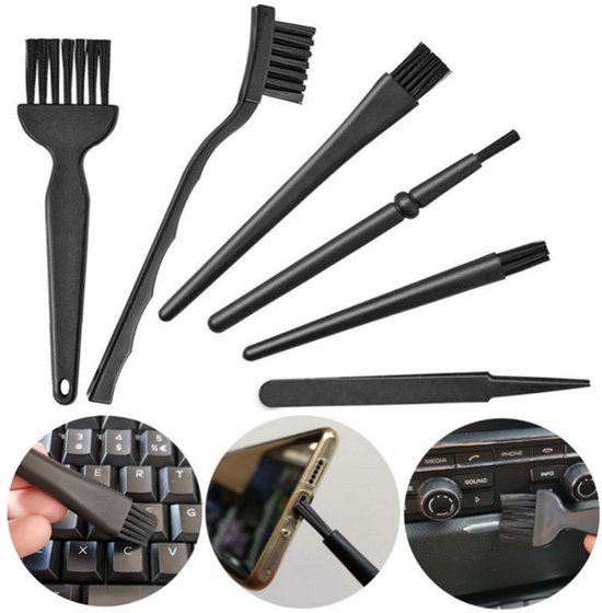 Tastaturreinigungsset – 6-teilig – Mini-tastaturreinigungsbürste – Antistatische Kunststoffbürste – Motorbetriebene Staubentfernungsbürste – Schwarz