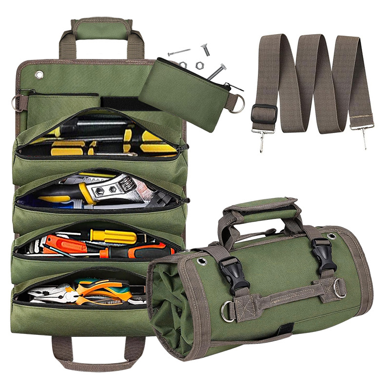 Werkzeugtasche Zum Aufrollen, Werkzeugbeutel Mit 2 Kleinen, Herausnehmbaren Reißverschlusstaschen. Kompakte Und Robuste Aufbewahrung.