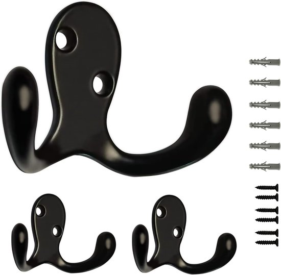 Schwarze Vintage-doppelzahn-wandhaken (packung) – Hergestellt Aus Edelstahl, Robust Und Langlebig, Geeignet Zum Aufhängen An Badezimmer- Und Küchenwänden.