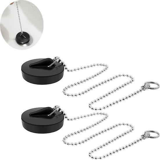 2 Stück – Waschbeckenstöpsel – Badewannenstöpsel – Mit Kette (40 Cm) – Universal – Tpr – Für Waschbecken, Badewanne, Duschwanne Und Küchenwaschbecken – Schwarz