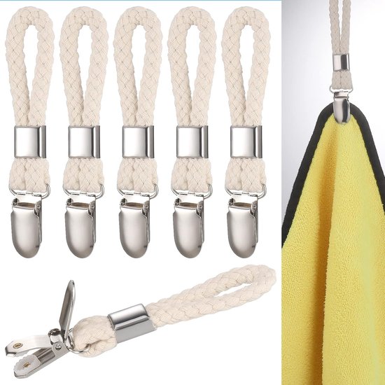 6 Stück Handtuchclips, Badetuchclips, Küchenhandtuchhaken Aus Metall Mit Gewebter Baumwollseilschlaufe Zum Aufhängen Von Geschirrtuchhaltern, Beige, 11 X 2,3 Cm