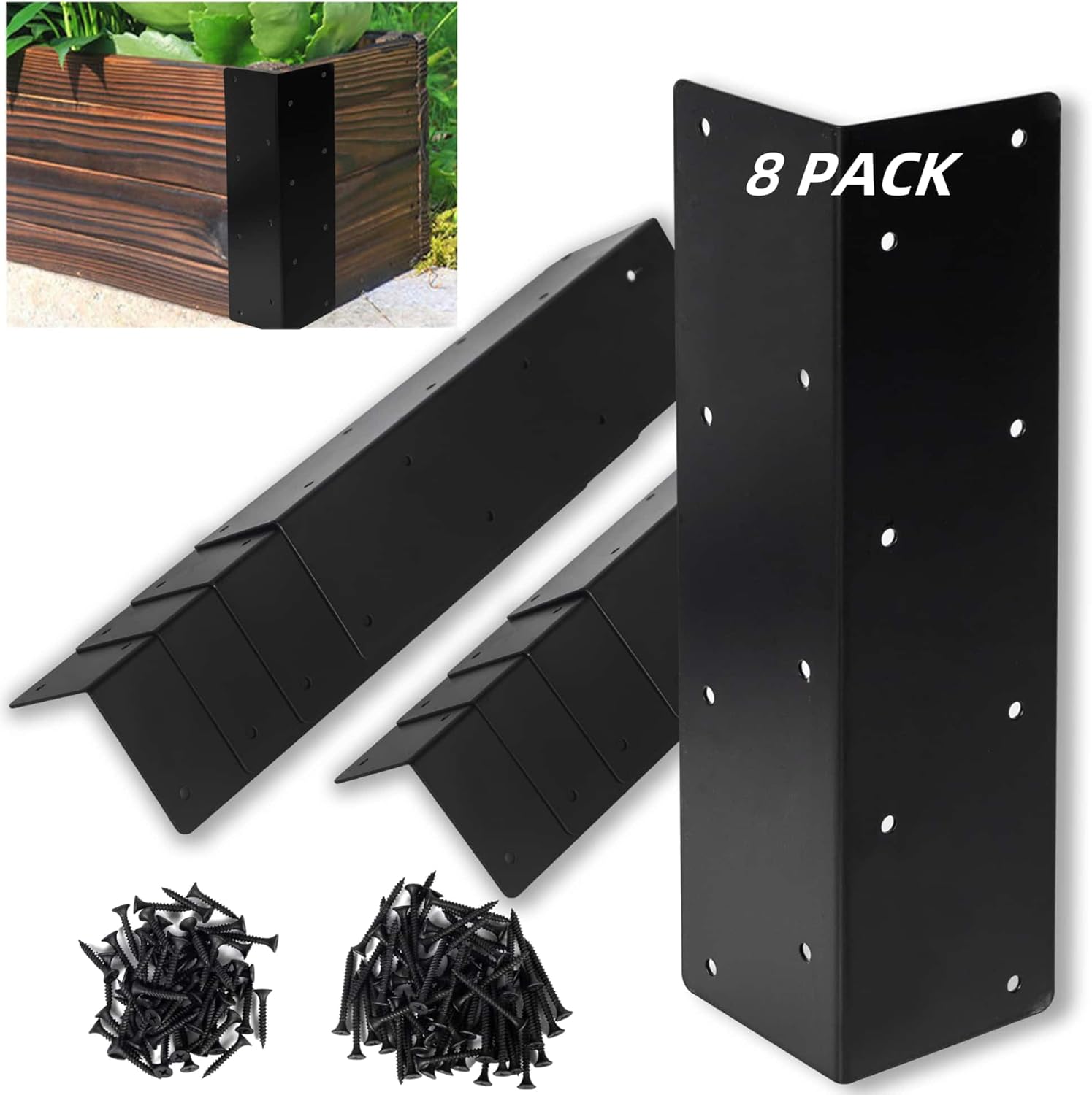 8 Erhöhte Eckwinkel – Gartenbeete – 12" – 24" Gartenmöbel – Pflanzkästen Aus Holz Für Gartenbeete – 11 X 3 X 3 Schwarze Dekorative Metallverzierungen – 12
