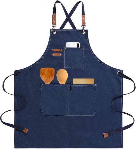 Dunkelblaue Arbeitsschürze Aus Canvas Mit 3 Taschen, Verstellbare Kochschürze Aus Baumwolle Mit Gekreuztem Rückenteil