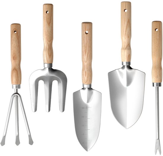 5-teiliges Rostfreies Gartengeräte-set Aus Edelstahl Mit Ergonomischen Holzgriffen (schaufel, Kelle, Gabel, Bodenfräse, Unkrautstecher)