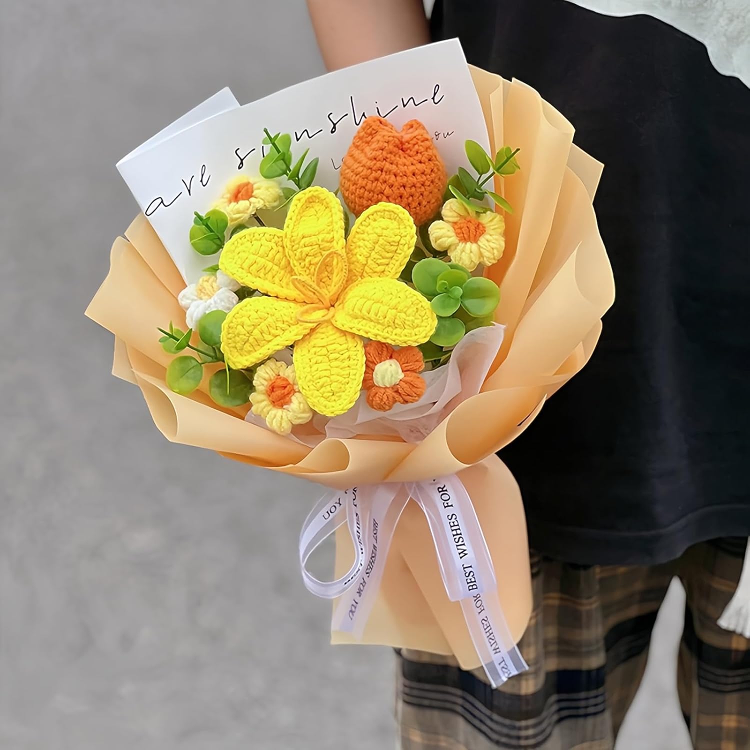 Handgehäkelter Tulpenmixstrauß, Weihnachtsgeschenk, Gewebte Kunstblumen, Geschenktüte, Dauerhaftes Blumenarrangement Für Die Heimdekoration (gelb)