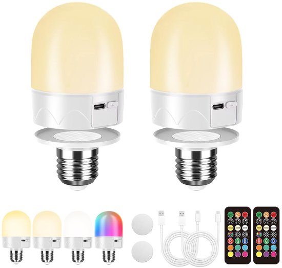2 Stück E27 Usb-wiederaufladbare Rgb-glühbirnen Mit Fernbedienung, Dimmbare 12 Farbtemperaturen, Intelligente Akku-nachtlampen (800 Lm, 3 Timer)