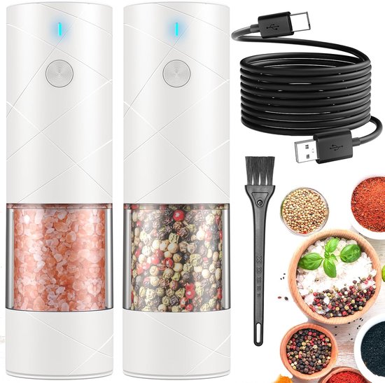Elektrisches Pfeffer- Und Salzmühlen-set, 2er-pack, Usb-gewürzmühle, Warmes Led-licht, Verschiedene Geschwindigkeitsstufen, Groß, Für Esszimmer Und Garten, Weiß, Leicht Nachzufüllen, Moderne Küche