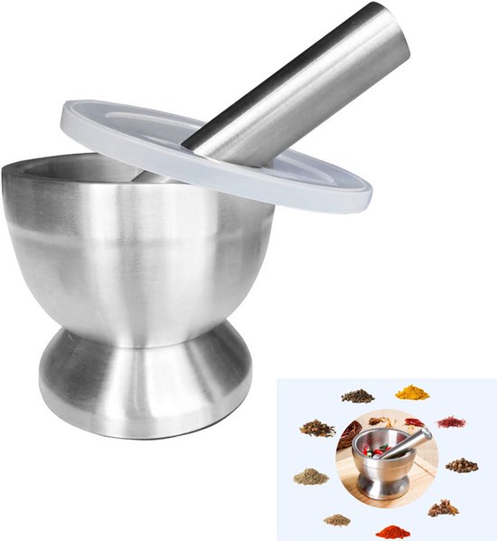 Mörser Und Stößel Aus Edelstahl, Poliertes Mörser- Und Stößelset Mit Rutschfestem Boden Zum Zerkleinern Von Tabletten, Robuster Edelstahl 18/8, 10 X 9 Cm