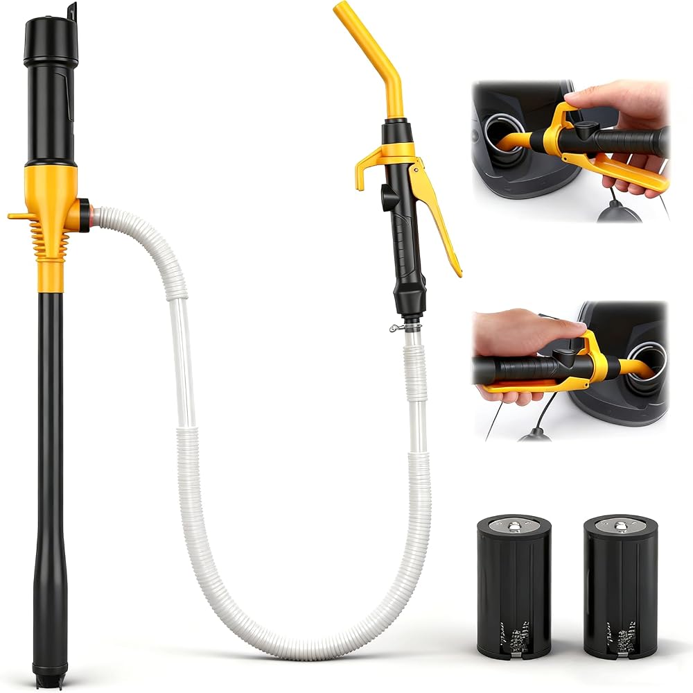 Gelbe, Tragbare, Batteriebetriebene Elektrische Kraftstoff- Und Wasserpumpe Mit Filter (2,4 Gpm).