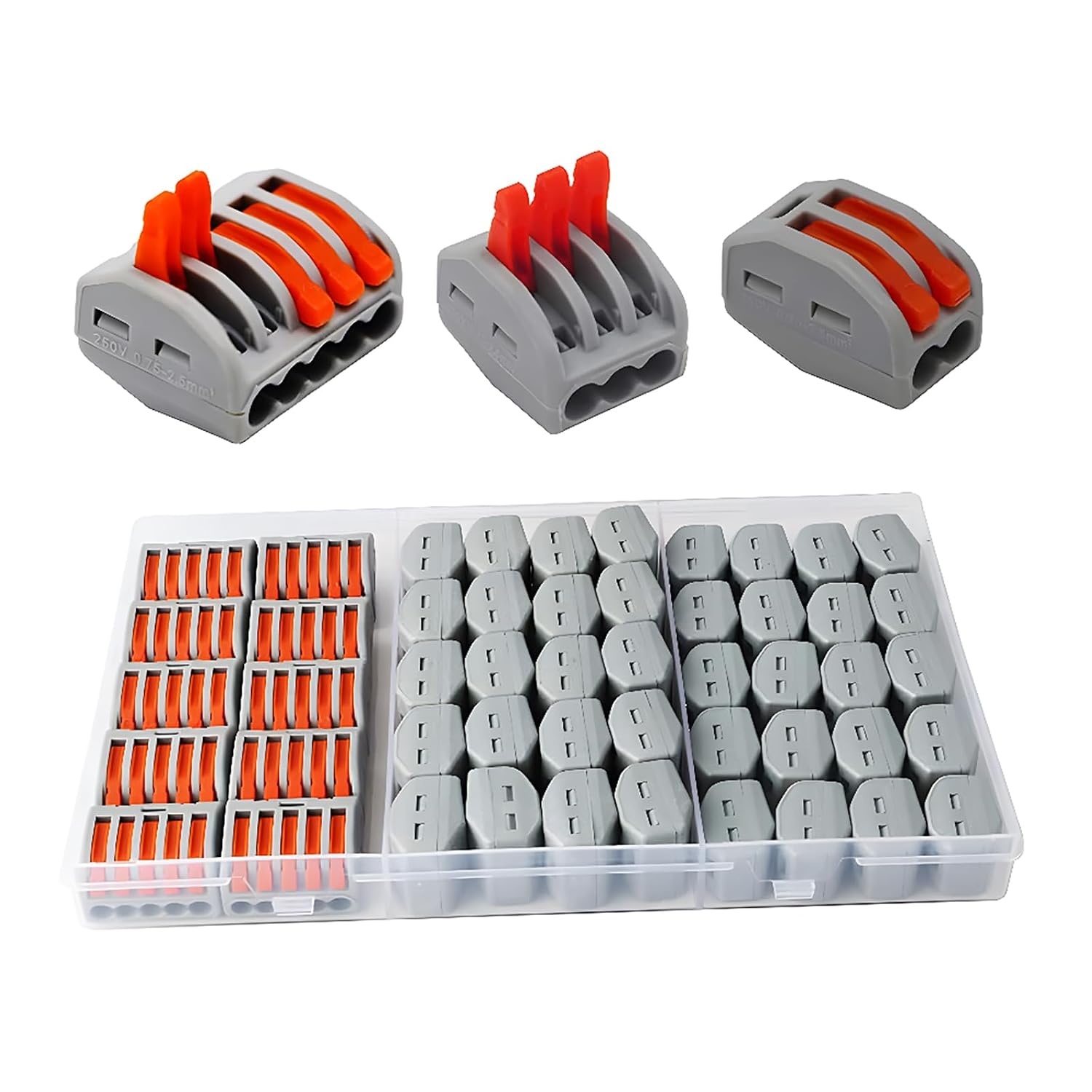 Hebelmutterverbinder, Leitersortiment Kompakte Drahtverbinder 2 Löcher (20 Stück), 3 Löcher (20 Stück), 5 Löcher (10 Stück).