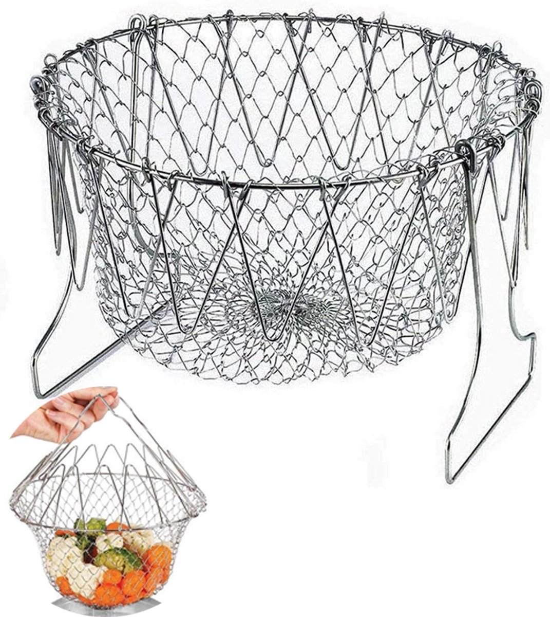 Faltbarer Frittierkorb, Runder Siebkorb, Küchenutensil, Edelstahl-dampfgarer, Geeignet, Silberfarben