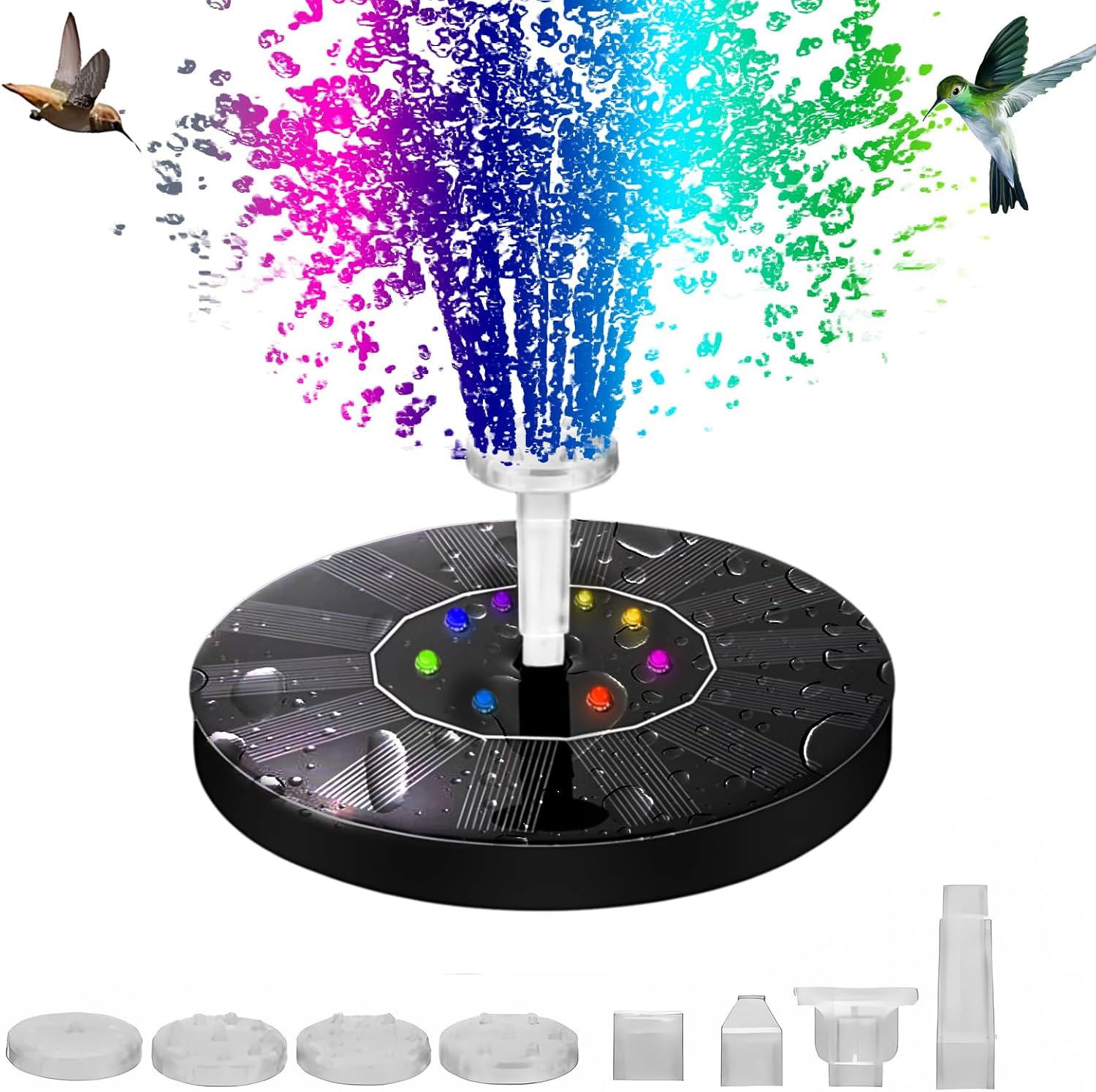Solarbetriebene Springbrunnenpumpe – Mit 7 Düsen Und 4 Halterungen – Farbige Led-beleuchtung – Verbesserte Glasscheibe – Vogeltränke – Garten – Teich – 4 M