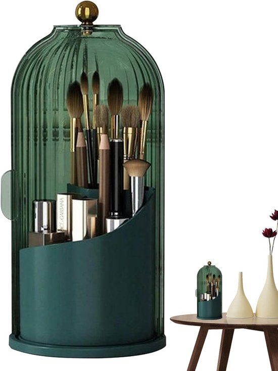 360° Drehbarer Make-up-pinsel-organizer In Vogelkäfigform, Kosmetikwerkzeughalter Für Den Schreibtisch Mit Staubdichter, Transparenter Abdeckung Für Den Schminktisch