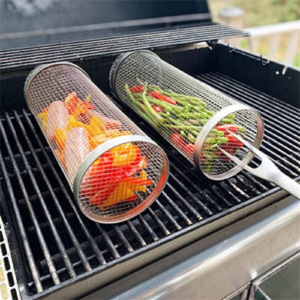 Großer, Rollbarer Grillkorb Aus Edelstahl, Antihaftbeschichtet, Für Fisch Und Gemüse, Grillzubehör Für Den Außenbereich – 20 Cm – 2-teilig