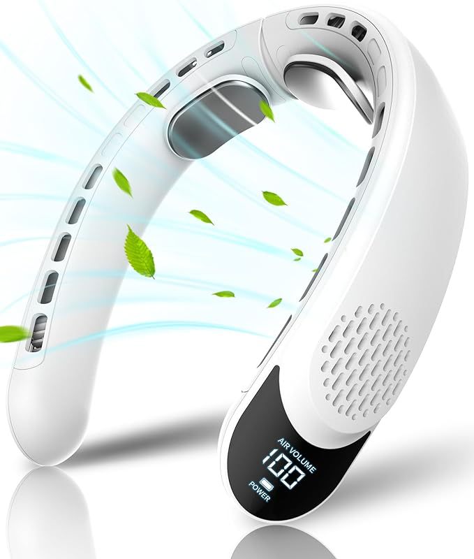 Tragbarer Nackenventilator Ohne Rotorblätter, 4000 Mah – Weiß – 3 Geschwindigkeitsstufen – Starker Luftstrom – Schnelle Kühlung – Digitalanzeige