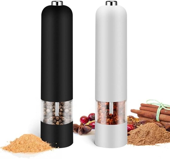 Elektrisches Pfeffer- Und Salzmühlen-set – 22 Cm Pfeffermühle – Mahlgrad Einstellbar – 2-teilige Gewürzmühle – Led-beleuchtung – Kunststoff – Batteriebetrieben – Schwarz/weiß