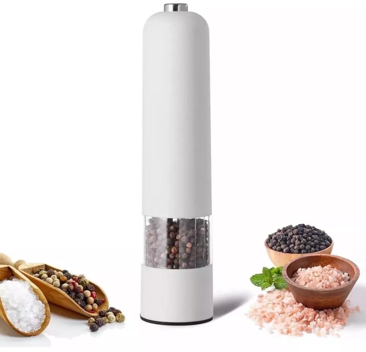 Elektrisches Pfeffer- Und Salzmühlen-set – 22 Cm Pfeffermühle – Mahlgrad Einstellbar – 1 Gewürzmühle – Led-beleuchtung – Kunststoff – Batteriebetrieben – Weiß