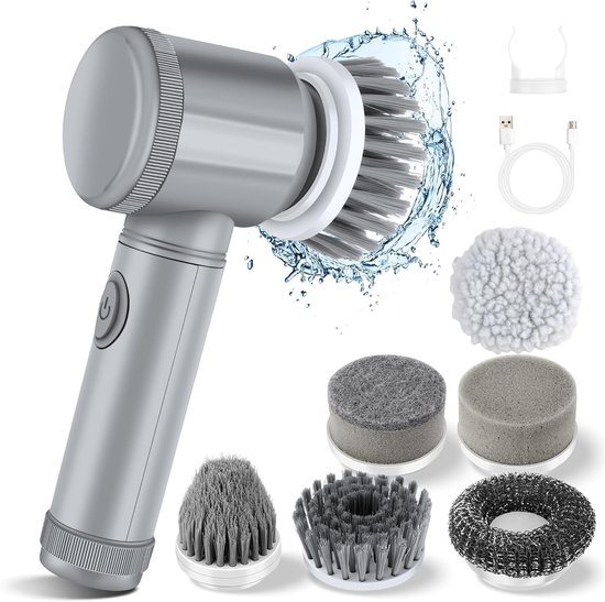 Elektrischer Rotations-scheuerschwamm Mit 5 Bürstenköpfen (grau), Ipx7 Wasserdichter Duschreiniger Mit 2000mah Akku.