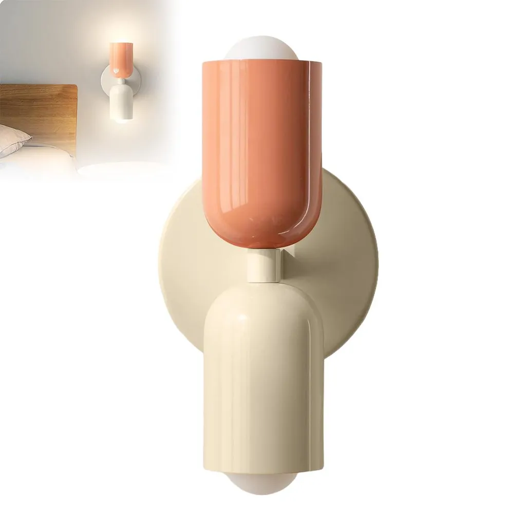 Cremefarbene Wandleuchte, Zwei Glühbirnen, Kinderzimmer/schlafzimmer, Warmweißes Licht, Beleuchtung Von Oben/unten, Weiß/rosa Schirm, Beiger Fuß.